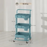 Carrello da Cucina a 3 Livelli con Maniglie e 4 Rotelle, in Acciaio, 42x38x86.5 cm, Verde Azzurro