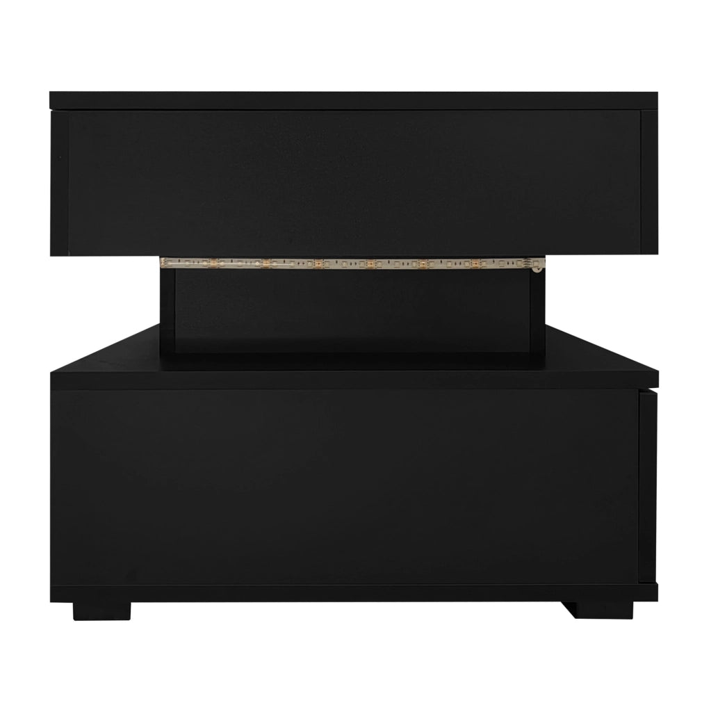 Tavolino da caff猫 100x50x44 cm; alzata idraulica con LED e vani contenitore; truciolare nero