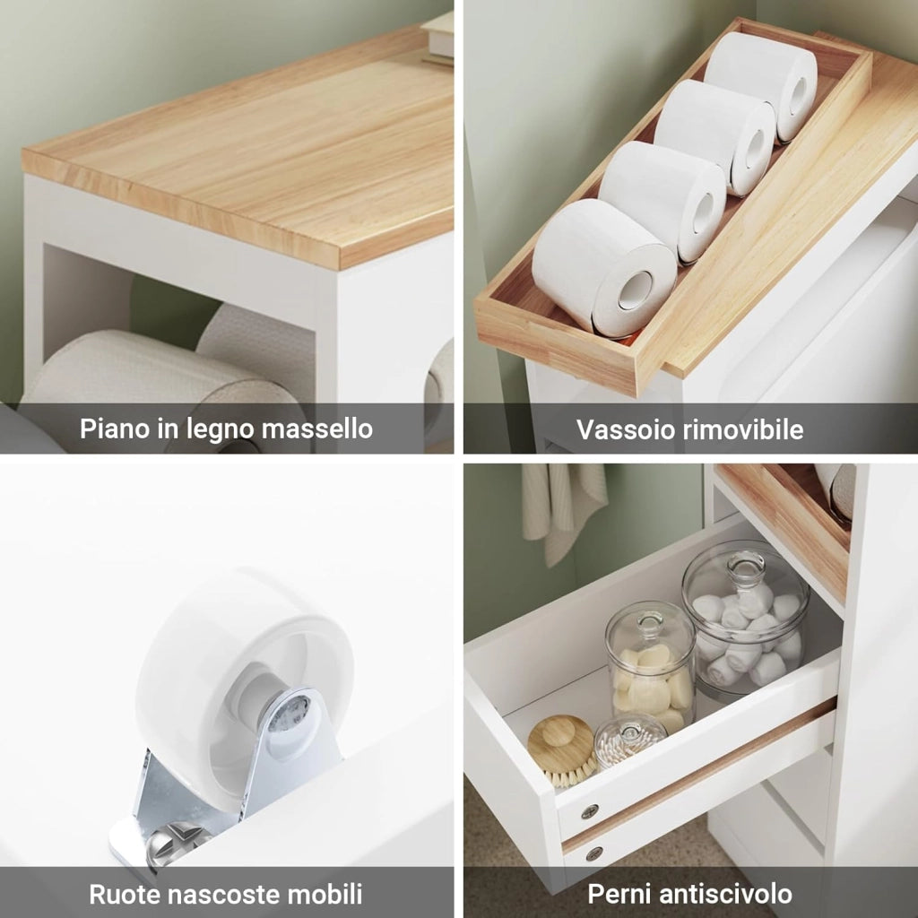 Mobile Bagno, Mobile Salvaspazio con 3 Cassetti, Ripiano in Legno e Rotelle – Mobiletti Stretti, Cassettiera Bagno da Terra, Struttura Resistente e Design Moderno BZR54-II-W