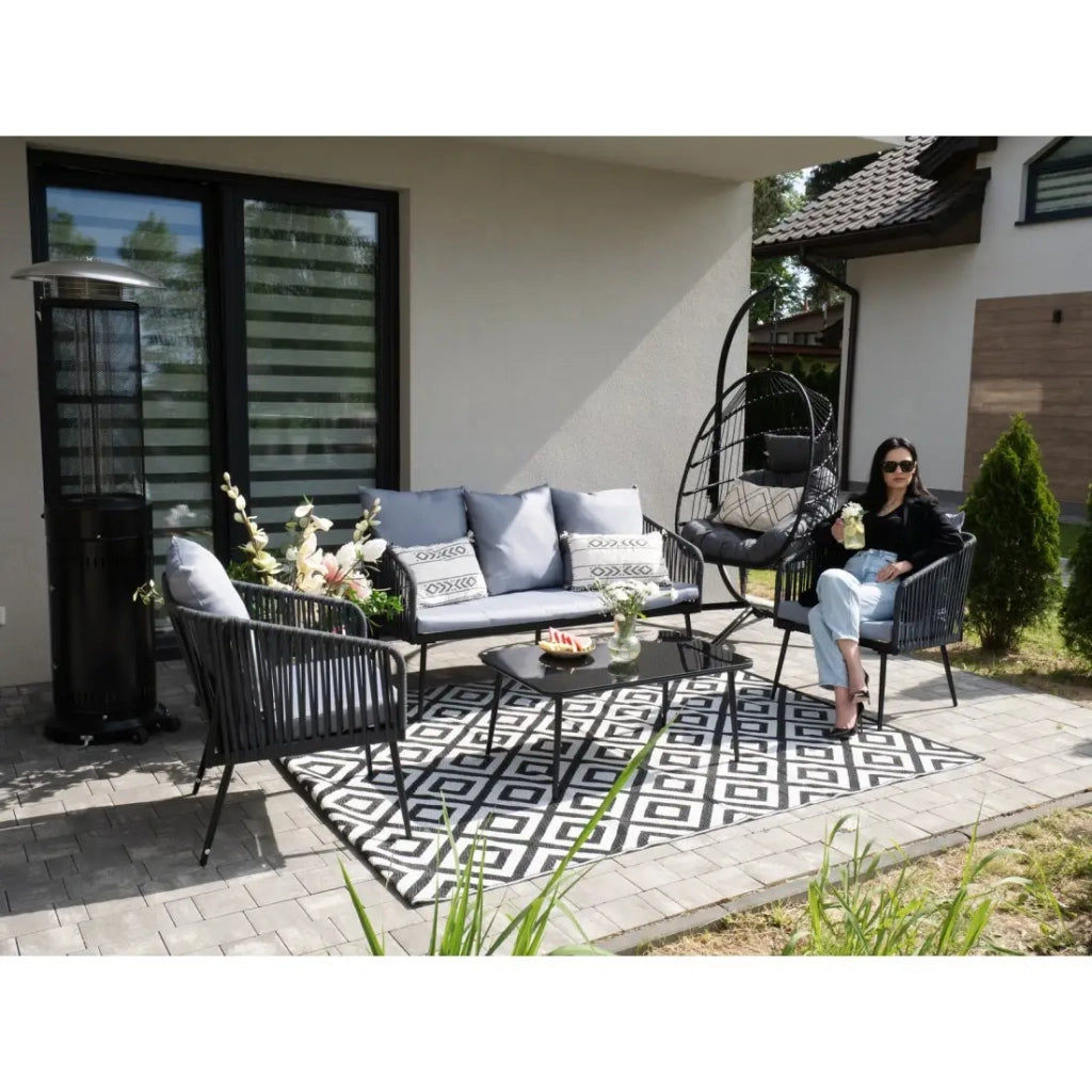 Set da giardino 4 posti STRAPA antracite con corda intrecciata e tavolino basso