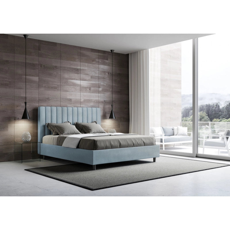 Letto imbottito Letto Matrimoniale alla Francese 150x200 cm Agueda - Con rete,Microfibra,Azzurro