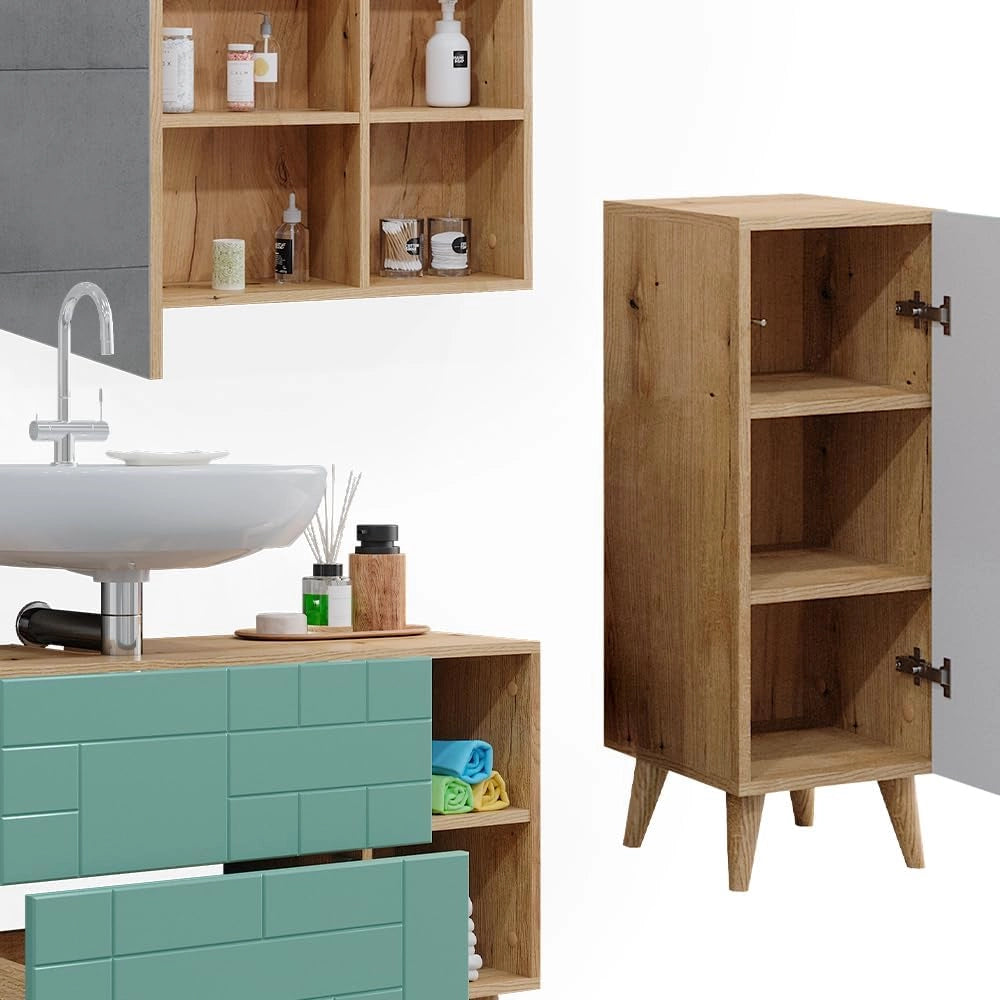 Set di mobili da bagno Rudi, Verde menta, 90 cm, composto da mobile sottolavabo, specchiera e mobile medio