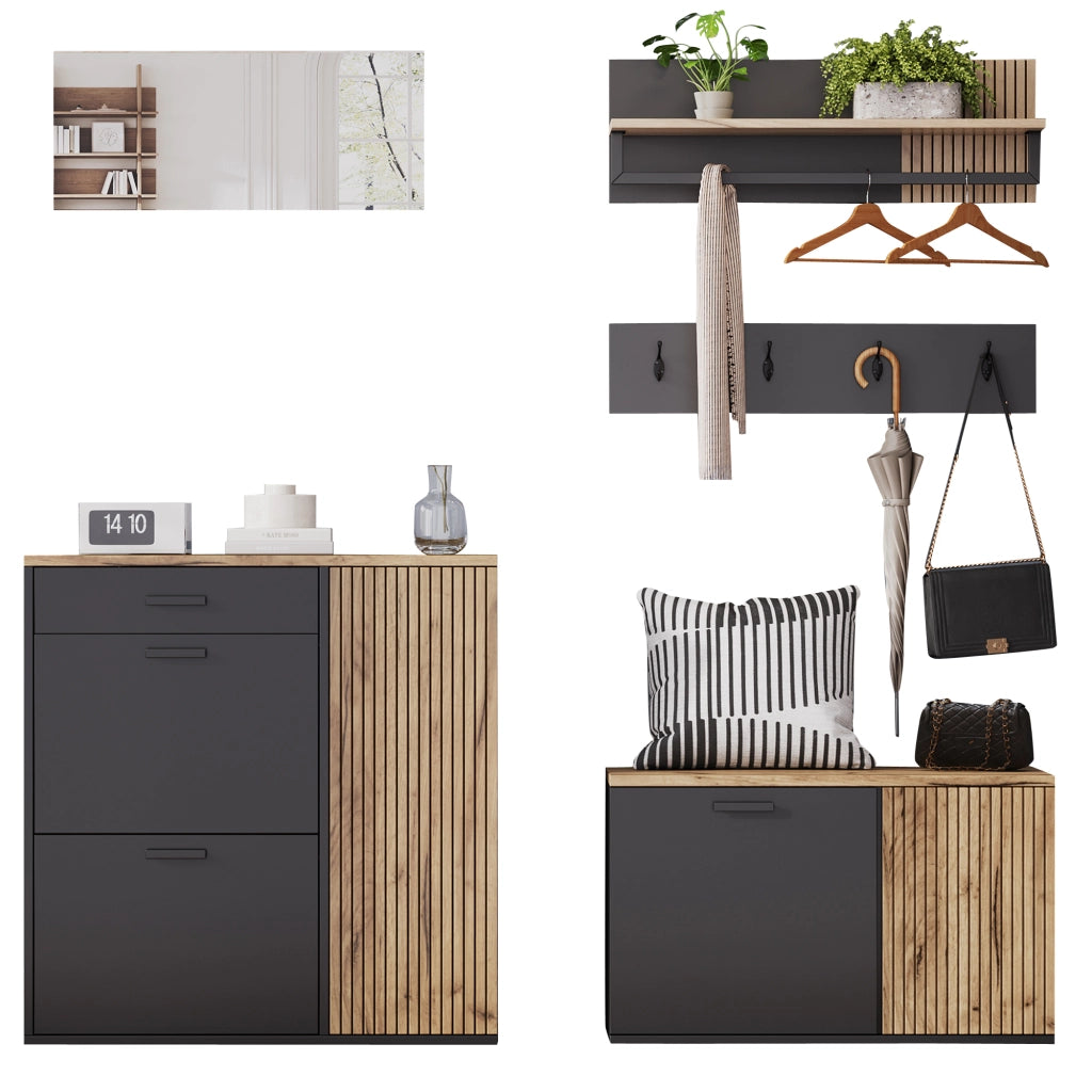 Set Ingresso 5 Pezzi con Scarpiera; Panca Porta Scarpe; Specchio; Mensola e Appendiabiti in Legno