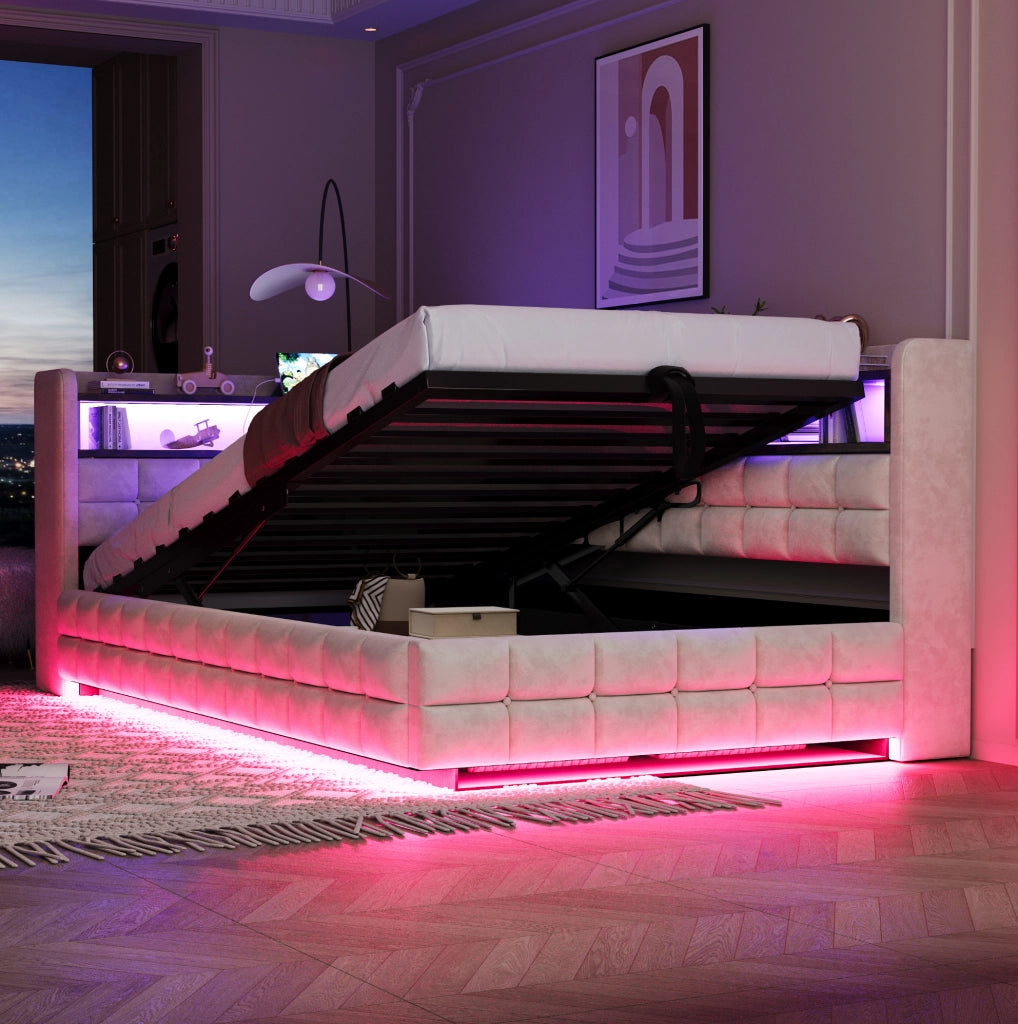 Divano letto imbottito 90x200 cm con LED, prese e contenitore