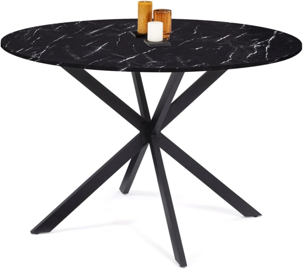 Tavolo da pranzo rotondo per 6 persone ALIX con gamba a ragno nera e piano ALASKA 110 cm effetto marmo nero