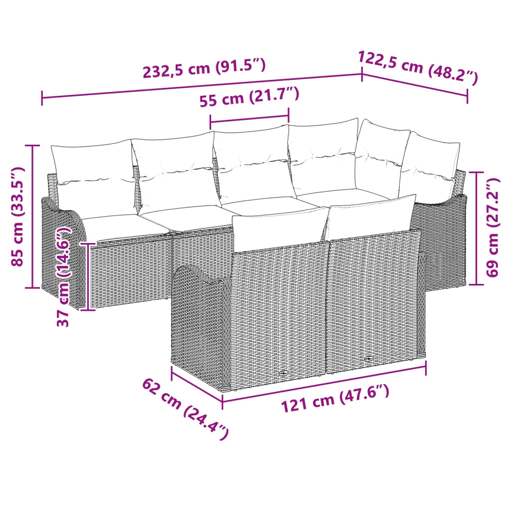 Set Divano da Giardino  7 Pezzi con Cuscini Beige Polyrattan