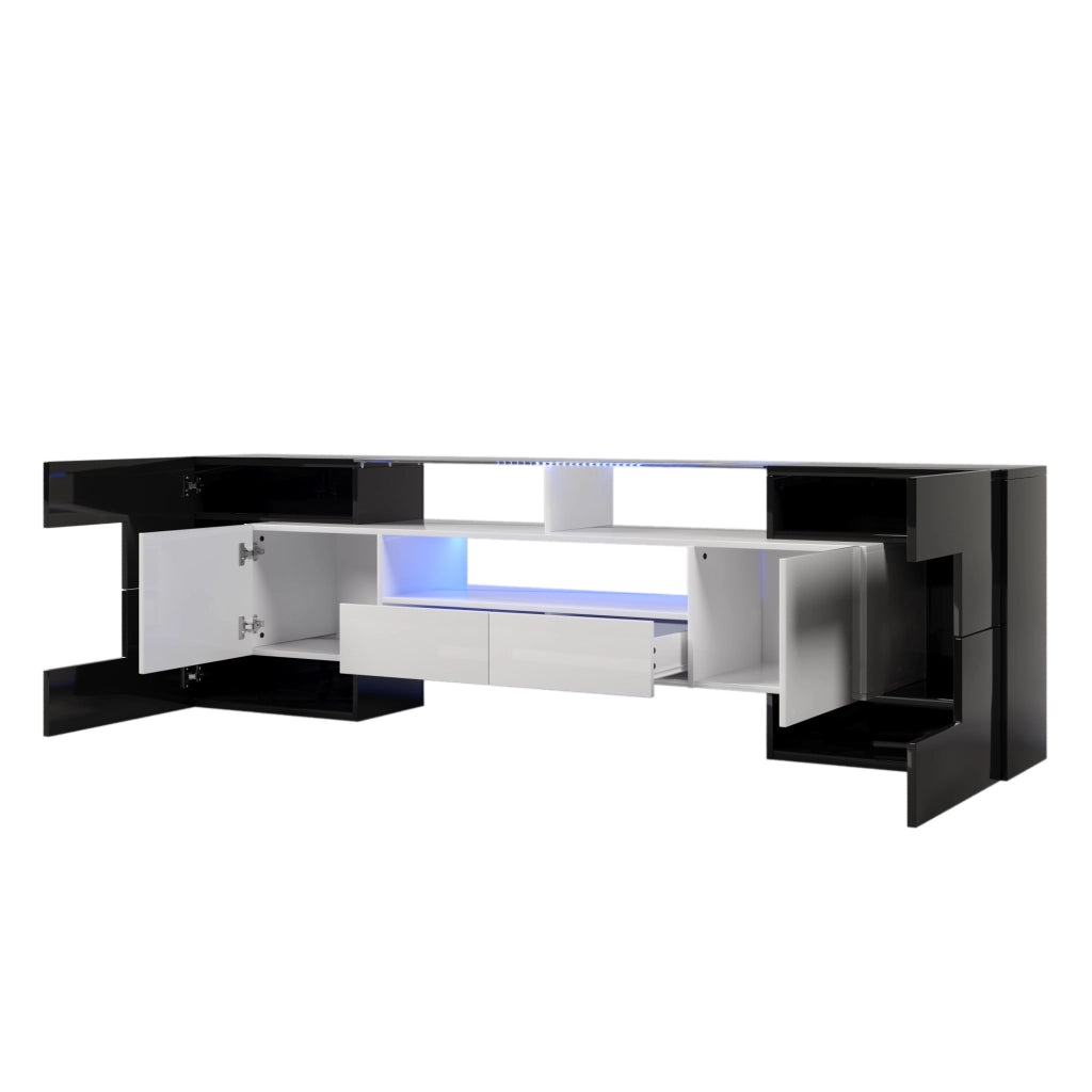 Mobile TV 200x35x60 cm; con LED e ampio spazio; truciolato e MDF; nero e bianco