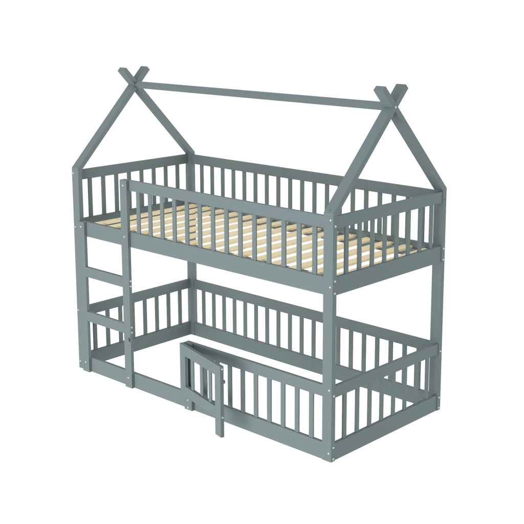 OKWISH Letto a Castello 90×200 cm, Letto Singolo con Scala, Sponde Alte e Porta Apribile, senza Materasso, in Legno, Grigio