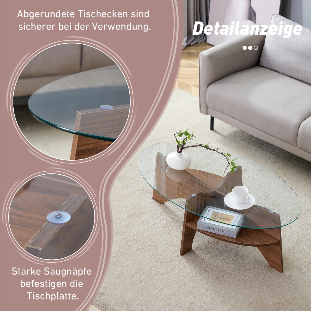 Tavolino da caffè ovale con ripiano - per soggiorno - in MDF e vetro - 104.9×60 cm