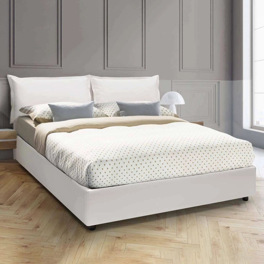 Letto matrimoniale Amelh, Letto contenitore con rivestimento in ecopelle, Made in Italy, Apertura frontale, adatto per materasso cm 140x190, Bianco