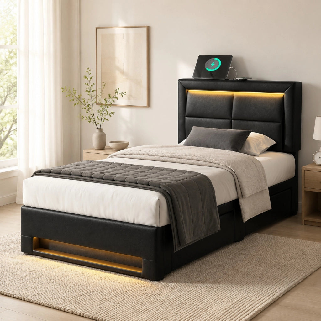 Letto imbottito 90x200 cm con USB, illuminazione LED, 4 cassetti, PU, nero, senza materasso
