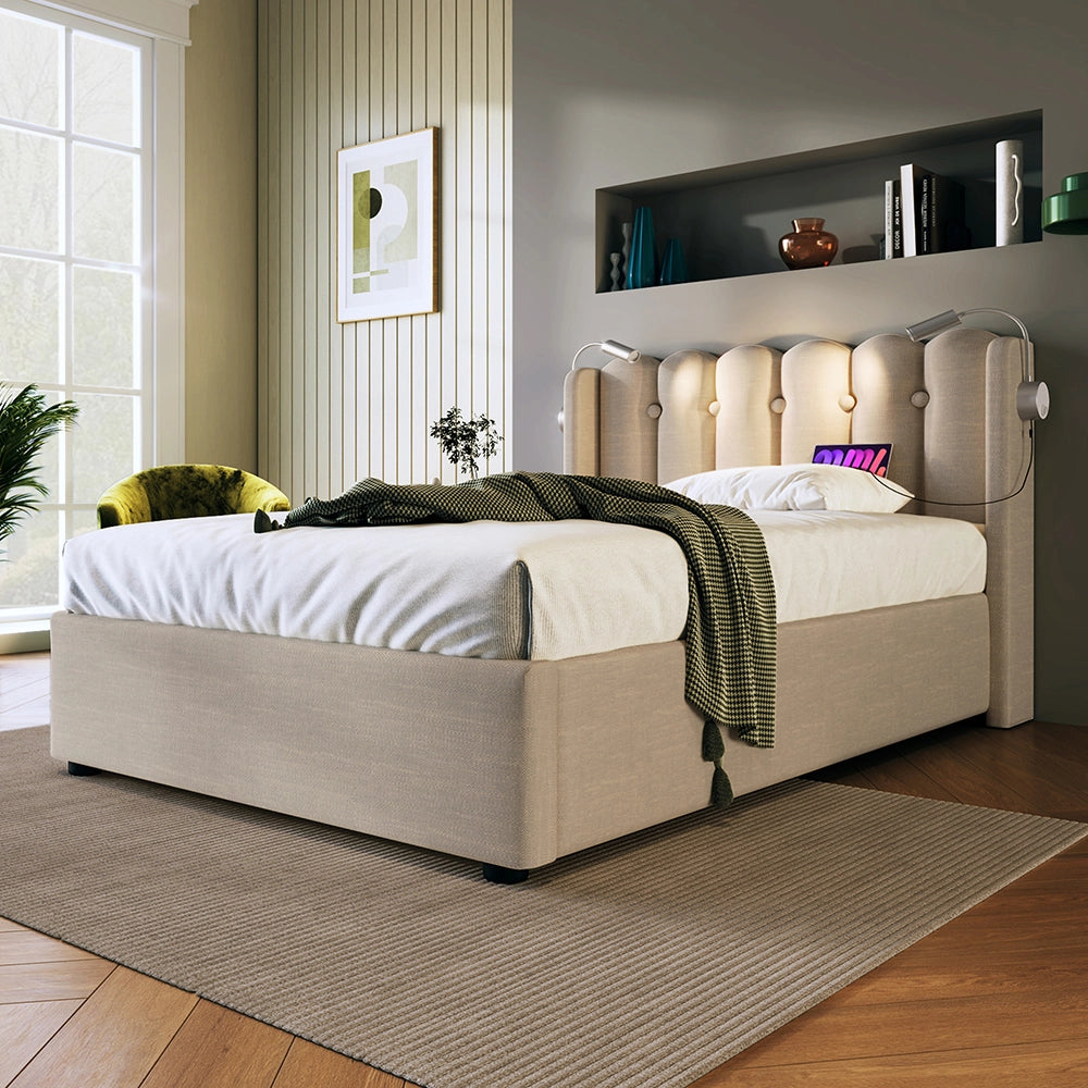 Letto a cassettoni singolo imbottito - Xylo - 90x200 cm - Beige - Testiera imbottita, spazio di archiviazione