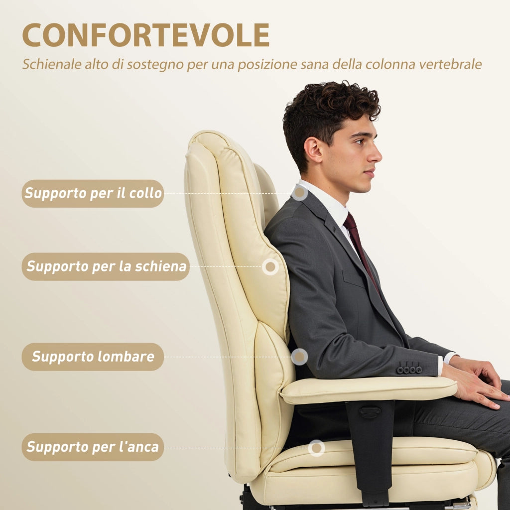 Sedia da Ufficio con Schienale Imbottito e Poggiapiedi ¨C Zephmum ¨C Pelle PU, Metallo, Bianco Crema, 76x73x117-125 cm