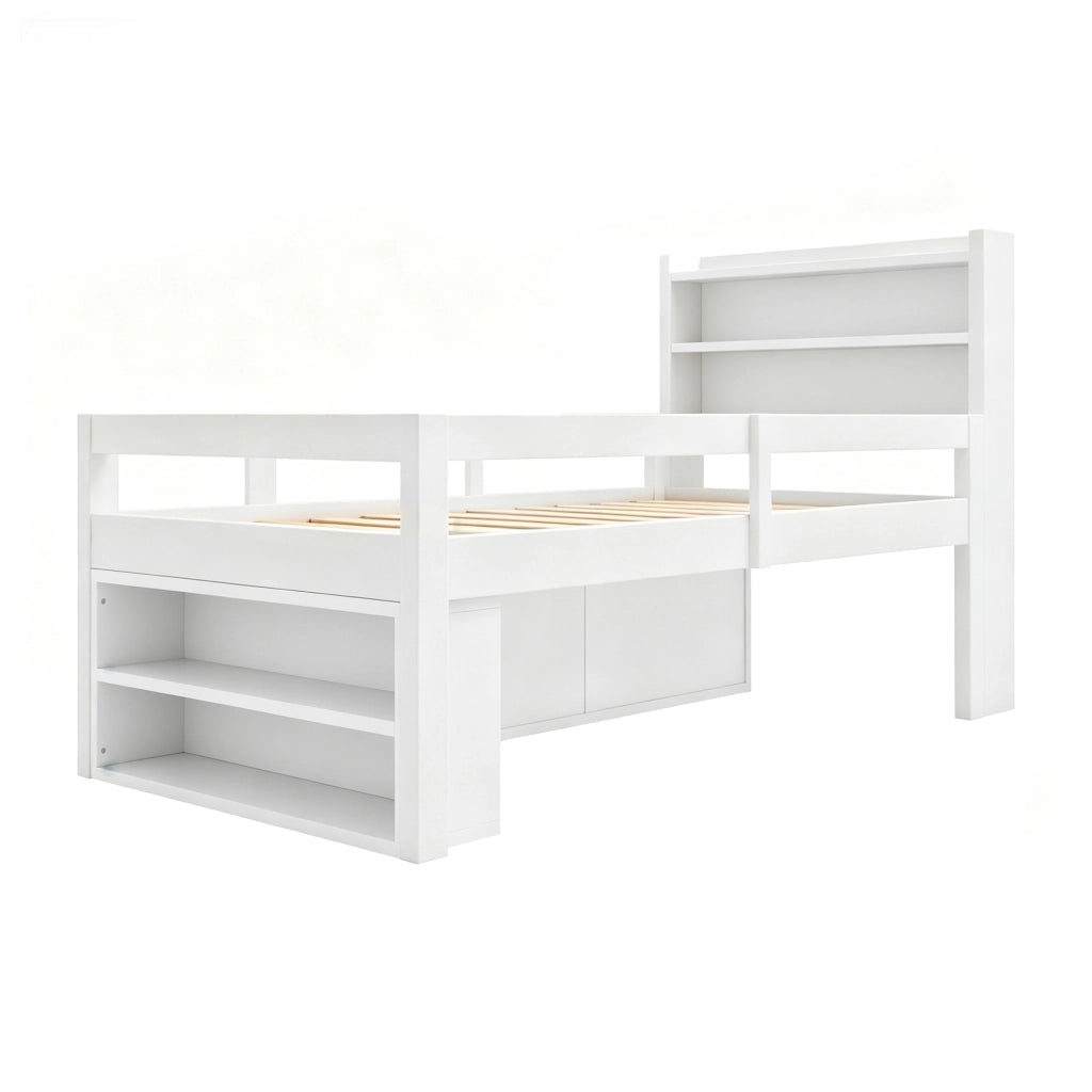 Letto a soppalco per bambini 90×200 cm con ripiani; vani contenitore; LED; USB; senza materasso