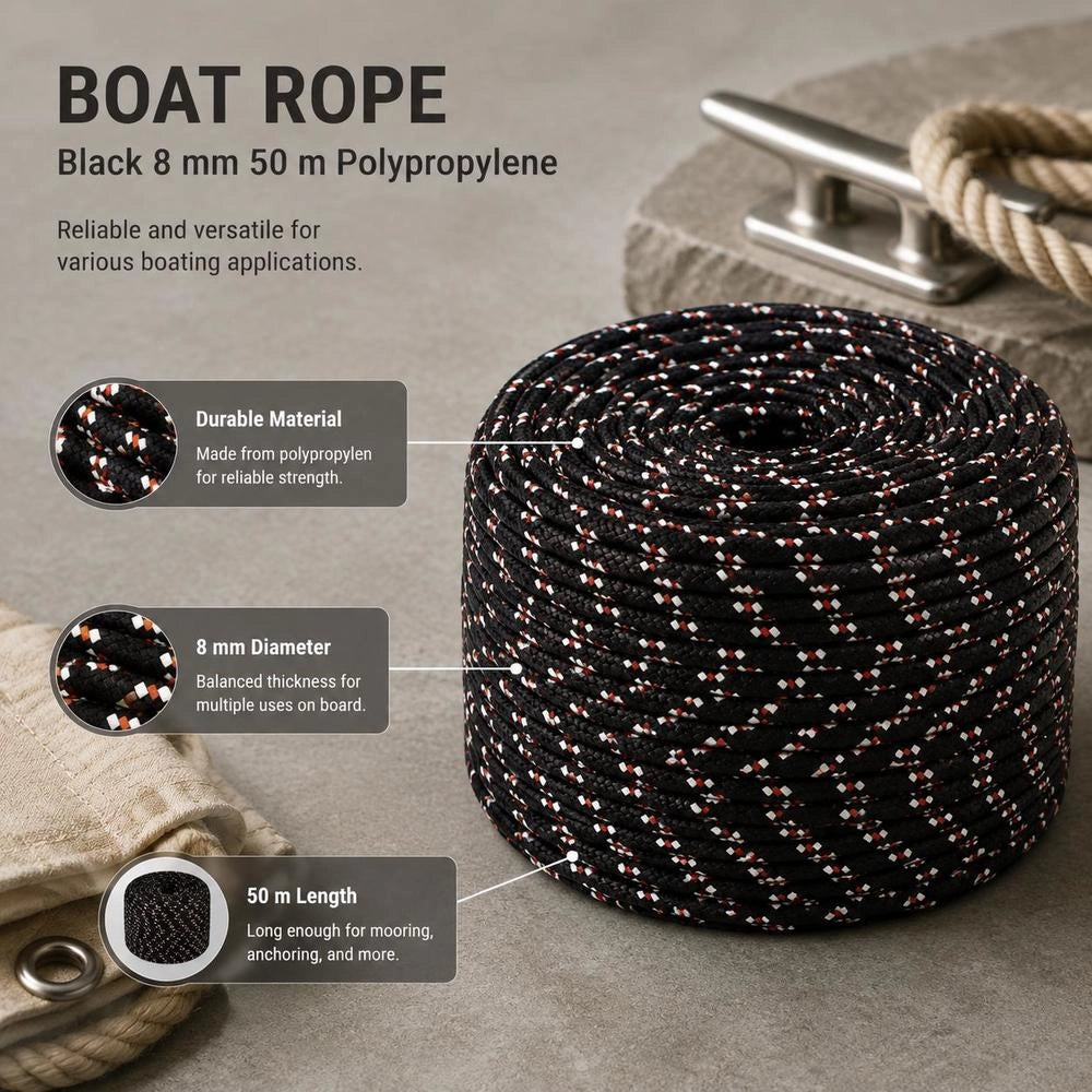 Boat Rope, Black, 8 Mm, 50 M, Polypropylene