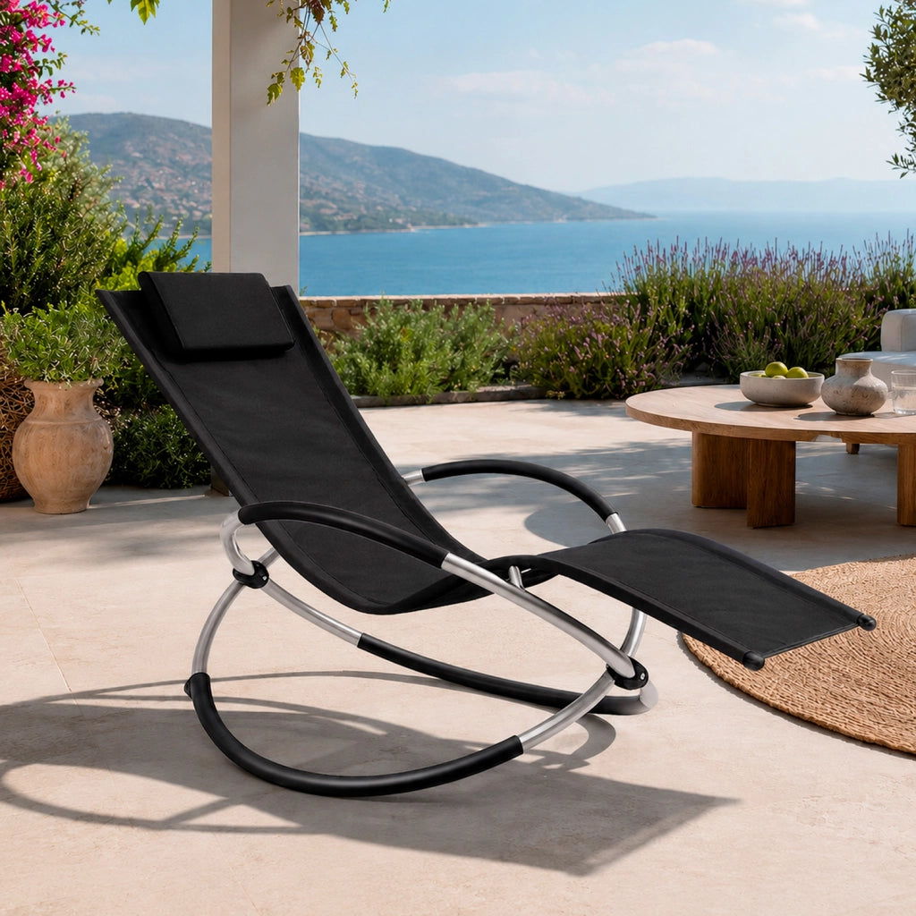 Poltrona Basculante Sdraio A Dondolo Da Giardino Con Poggiatesta Removibile In Textilene Traspirante Telaio In Metallo Ergonomica Relax Piscina Terrazzo Outdoor 73 x 150 x 93 Cm Nero