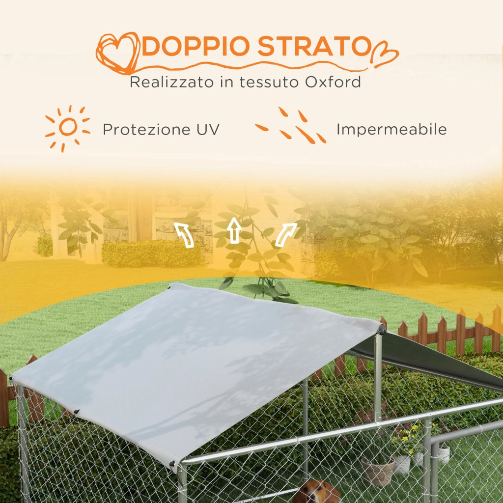 Kennel per Cani da Esterno, Recinto per Animali con Copertura Impermeabile, 200x200x150cm, Argento e Grigio