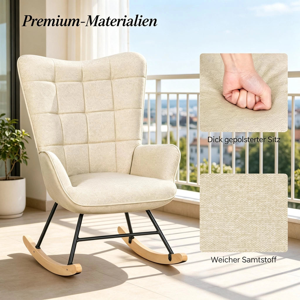 Sedia a dondolo ergonomica con schienale alto e braccioli curvi per lettura e relax in velluto e legno beige