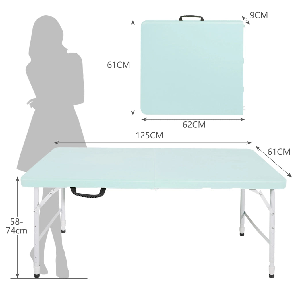 Tavolo da pranzo pieghevole regolabile in altezza con struttura in acciaio e piano in plastica per interno ed esterno blu