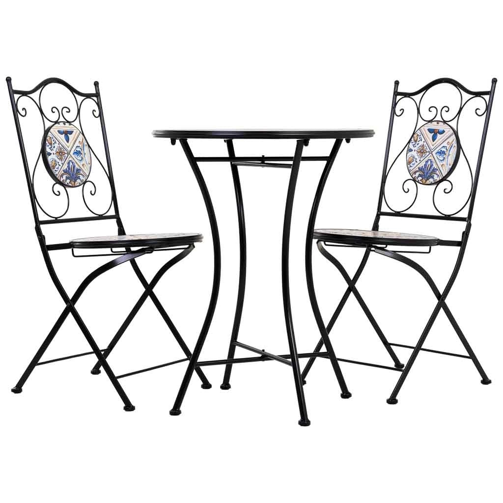 Set tavolo e due sedie in mosaico nero e ferro battuto tavolo: D60x75h - sedia (2): D38x46-90h