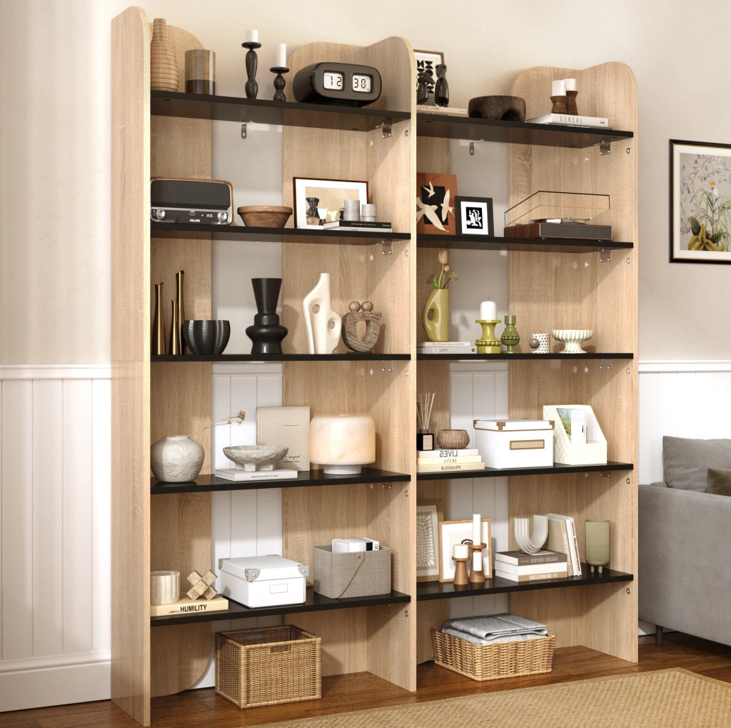 Libreria aperta a 5 ripiani 160x135x25 cm in pannello truciolare naturale e nero