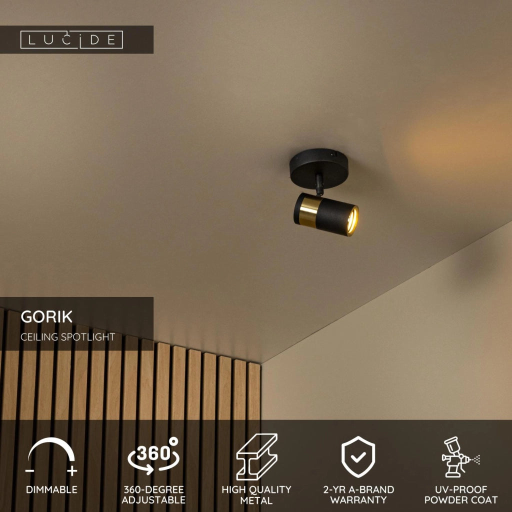 Faretto soffitto GORIK 1xGU10 nero oro rotondo Lucide