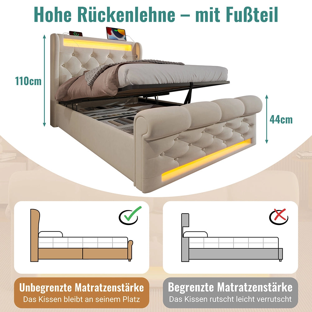 Letto singolo-Xylo-90x200 cm-LED, USB-C, idraulico, con materasso, velluto beige