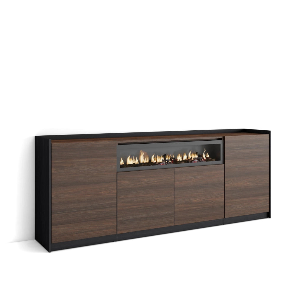 Credenza, Mobile, Cucina, 207x80x37 cm, 4 Porte, Camino elettrico, Rovere scuro e Nero