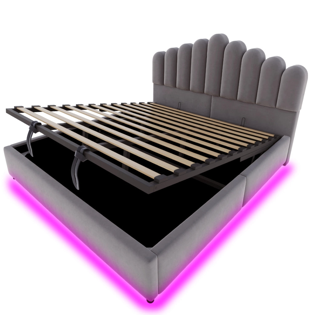 Letto imbottito 180x200 cm con contenitore idraulico, testiera imbottita, luce LED e struttura a doghe, colore grigio