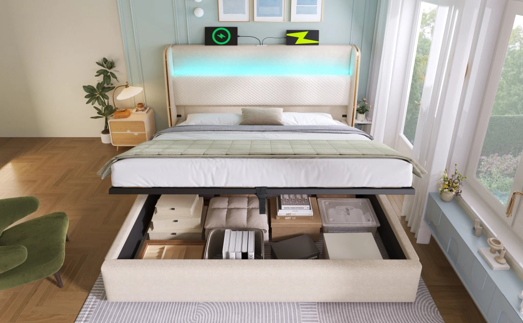 DESMIU Letto contenitore 140 × 200 cm 2 posti con LED, USB e Type-C, vano idraulico, senza materasso, beige