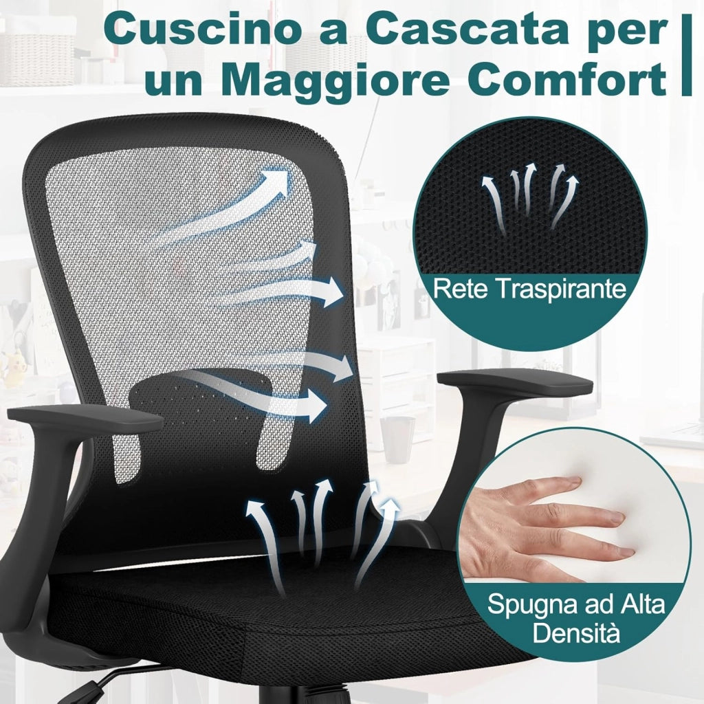 Sedia da Ufficio Ergonomica in Rete, Regolabile in Altezza e Schienale Regolabile, Braccioli Ribaltabili e Supporto Lombare, Sedia Girevole per Scrivania, per Ufficio, Portata 150 kg
