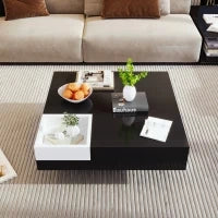 Tavolino da salotto lucido, tavolino da soggiorno con scatola portaoggetti rimovibile ed effetto luce LED, 72×72×30 cm,Nero