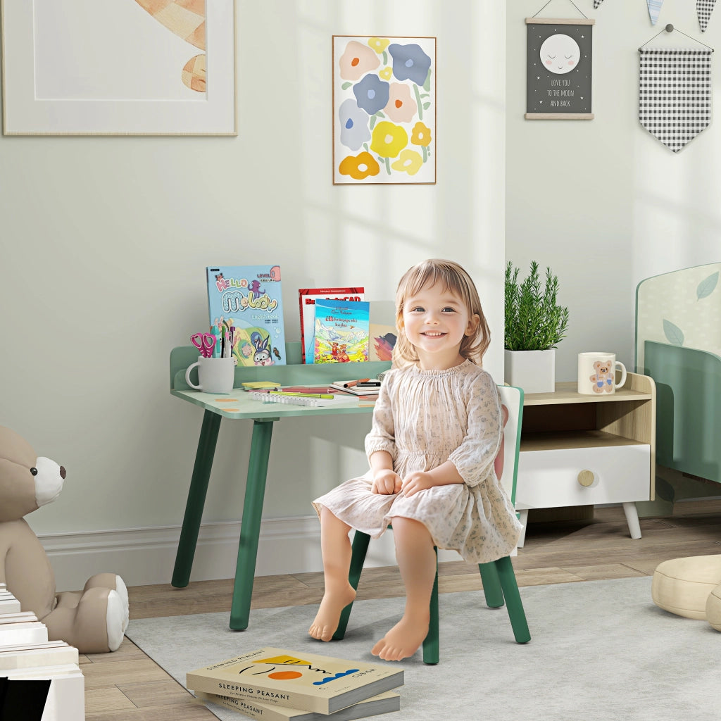 Set Sedia e Tavolino per Bambini con Ripiano Portaoggetti, in MDF e Legno di Pino, Verde