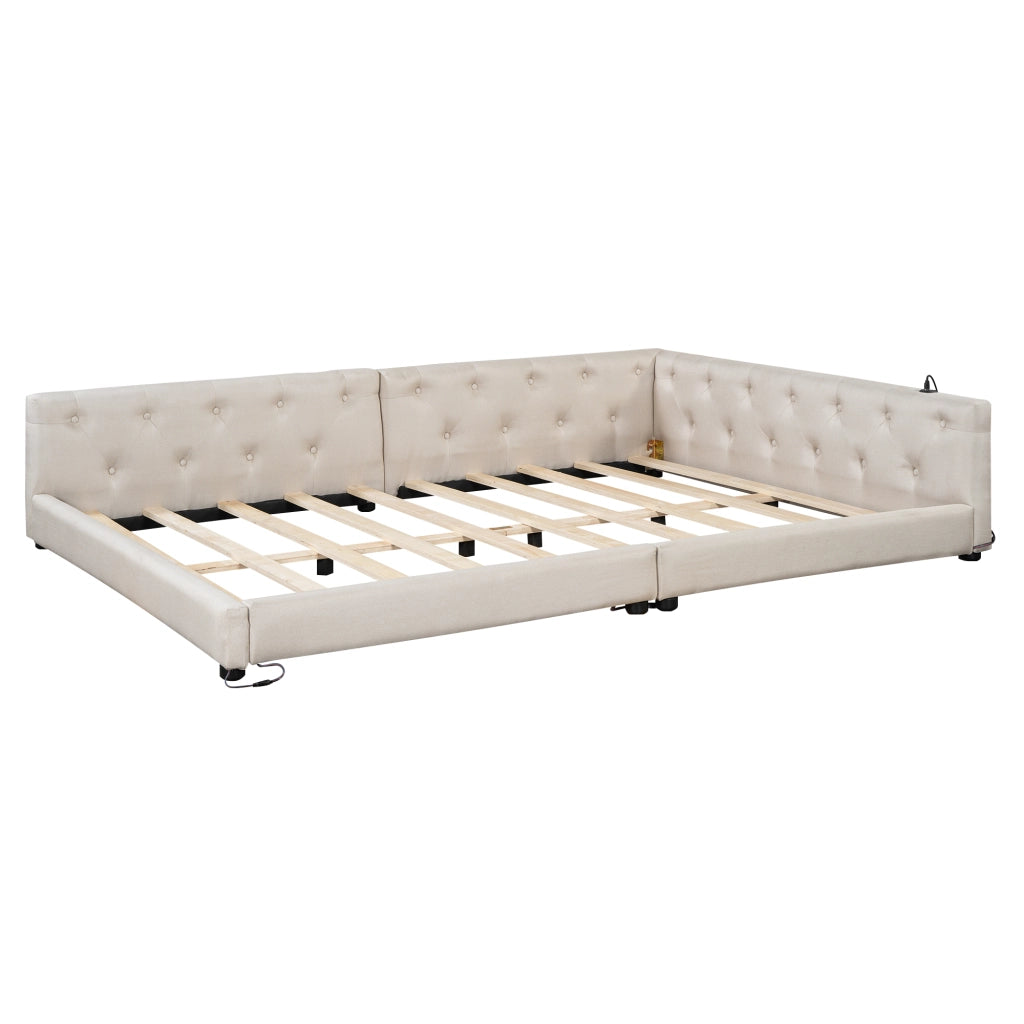 Divano letto 140x200 cm in lino beige con rete a doghe, LED RGB, USB e Type-C