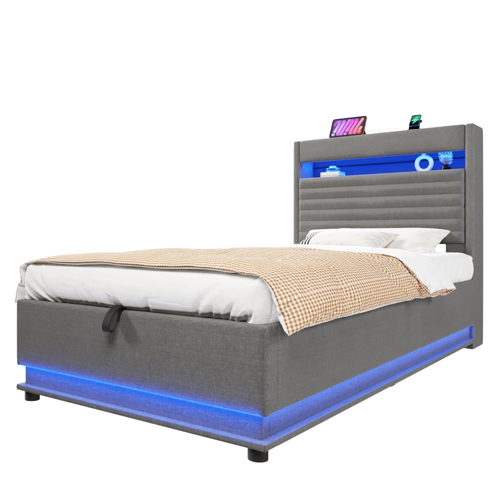 Letto Contenitore 90x200 cm; USB; Type-C; LED; con Testiera Imbottita; in Lino; Grigio