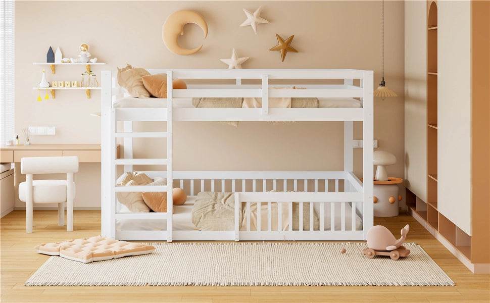 DESMIU Letto a castello 4 posti con sponde, 160 × 200 cm e 160 × 200 cm, senza materasso, in MDF e pino, bianco