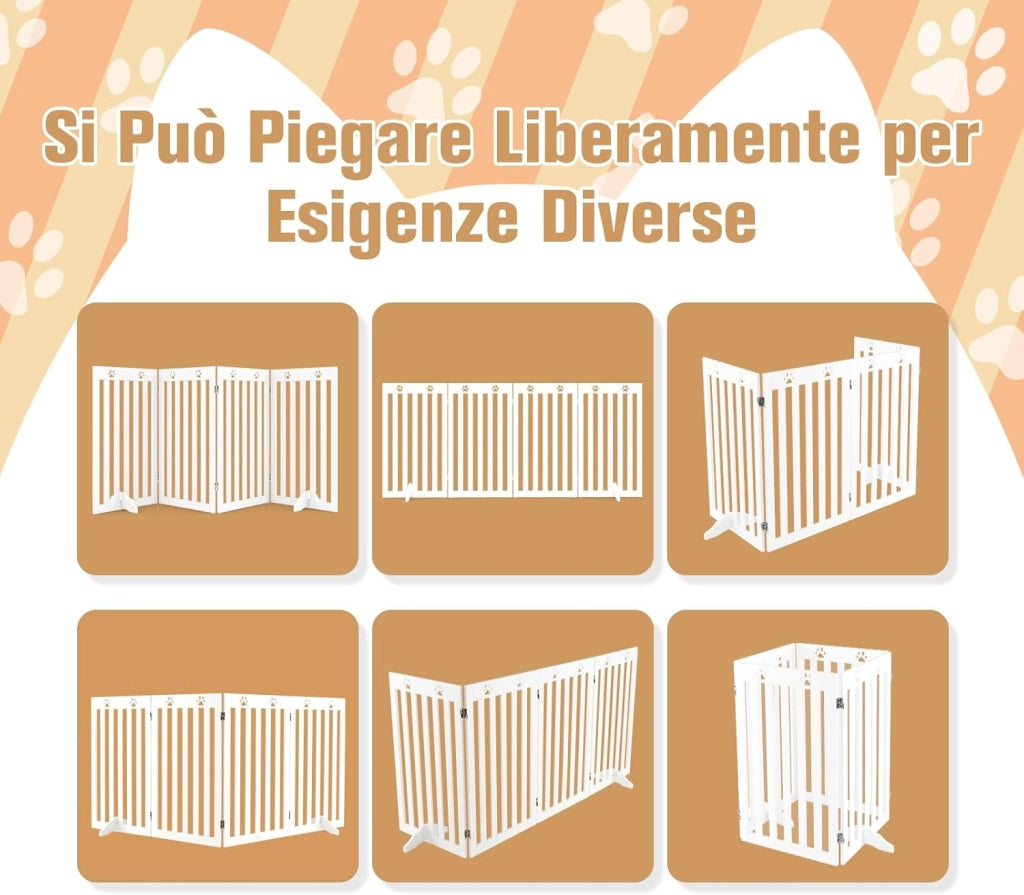 Cancelletto per Cani di Legno Pieghevole, con 3/4 Ante e Cuscinetti Antiscivolo, Ideale per Scale e Porta d'Ingresso, 203 x 89,5 cm (Bianco, 4 Pannelli)