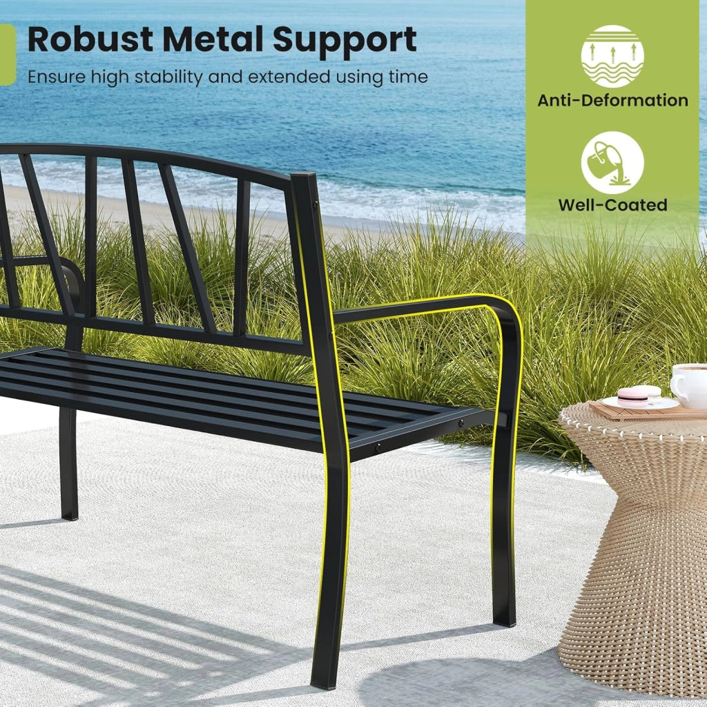 Panca esterna da giardino, seduta a doghe per 2-3 persone, capacità 300 kg, schienale semplice, braccioli curvi, panca da giardino in metallo robusto per terrazza, parco (128 x 60 x 86 cm)