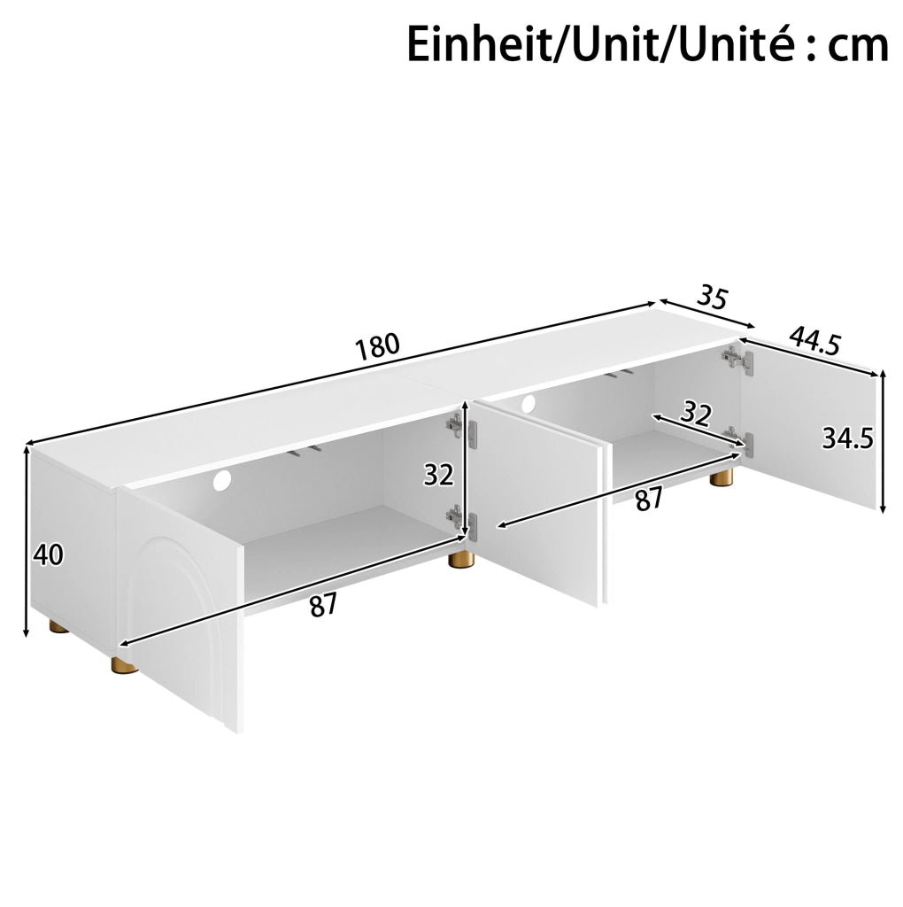 Mobile TV 180x35x40 cm bianco in MDF e PB - 4 ante con rilievo ad arco