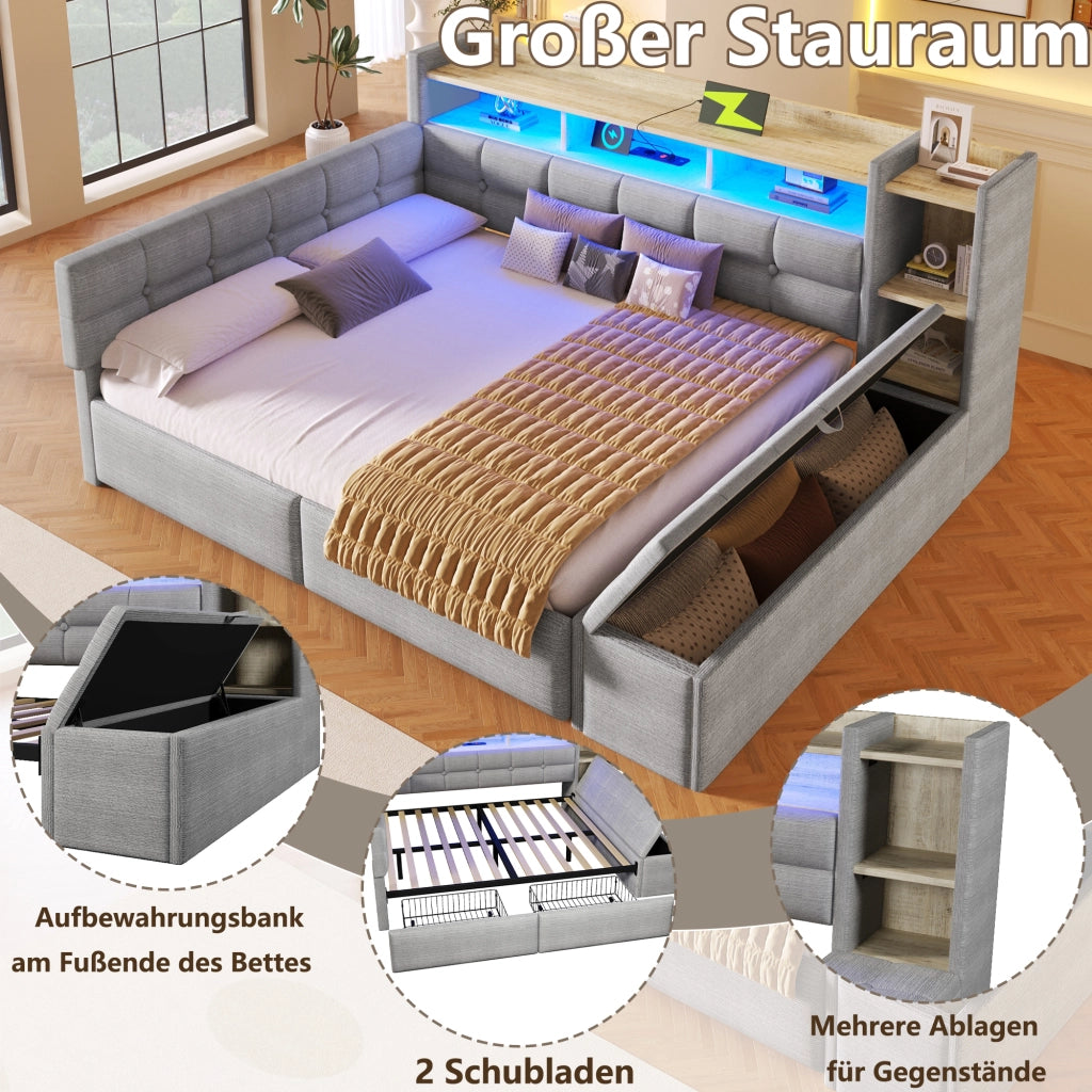 Divano letto 140 x 190 cm con contenitori e cassetti letto matrimoniale per camera in MDF e velluto grigio