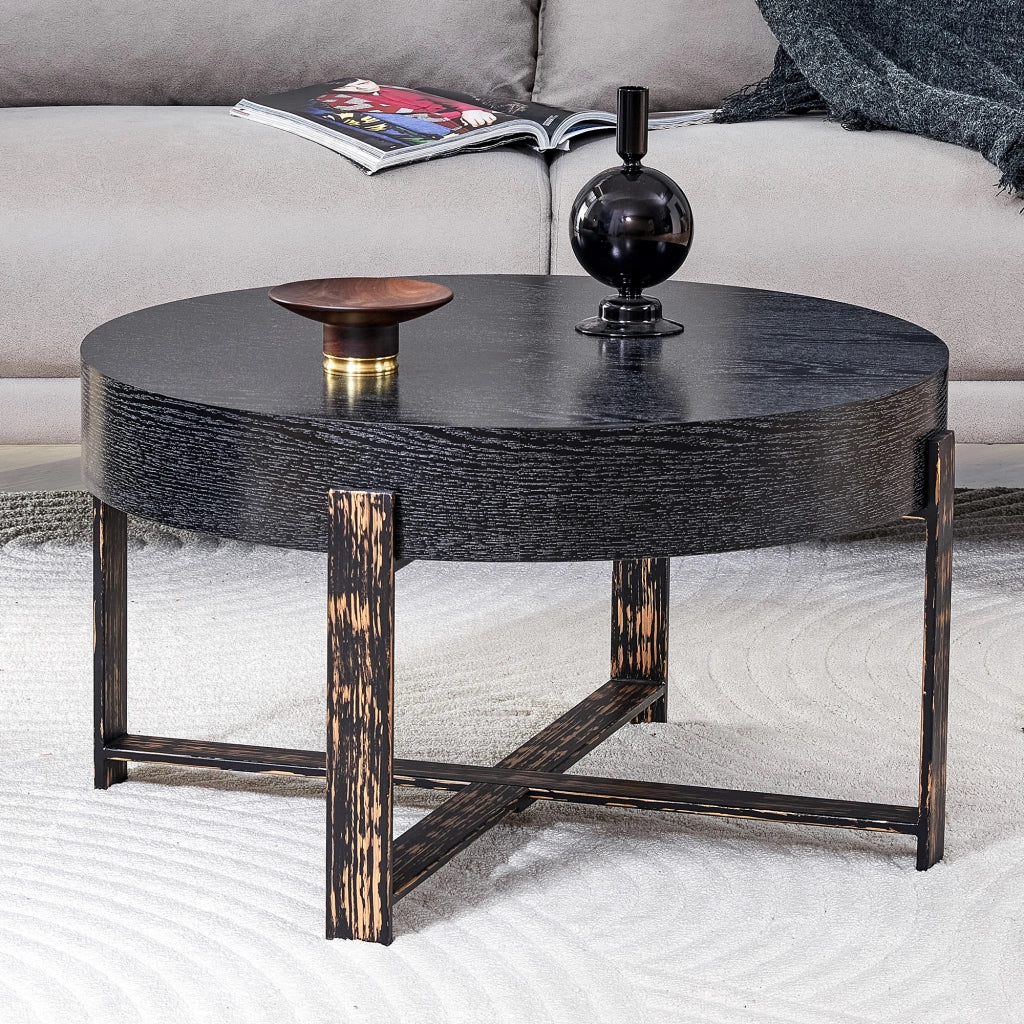 Tavolino rotondo con piano da 68 cm; struttura incrociata in metallo; piedini effetto legno; per soggiorno; 68 × 39 cm