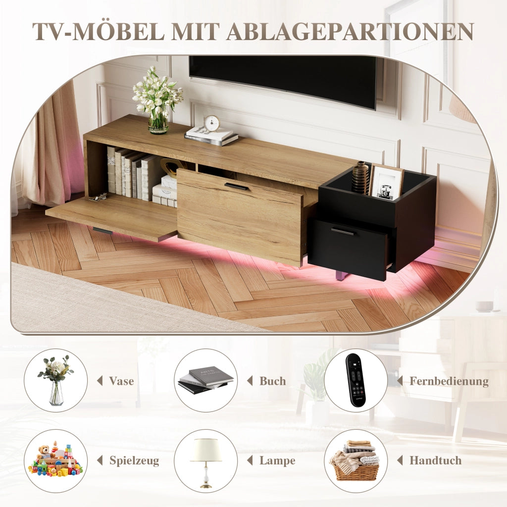 MOBILE TV 180x38x49 cm in legno ingegnerizzato nero e tono legno con LED