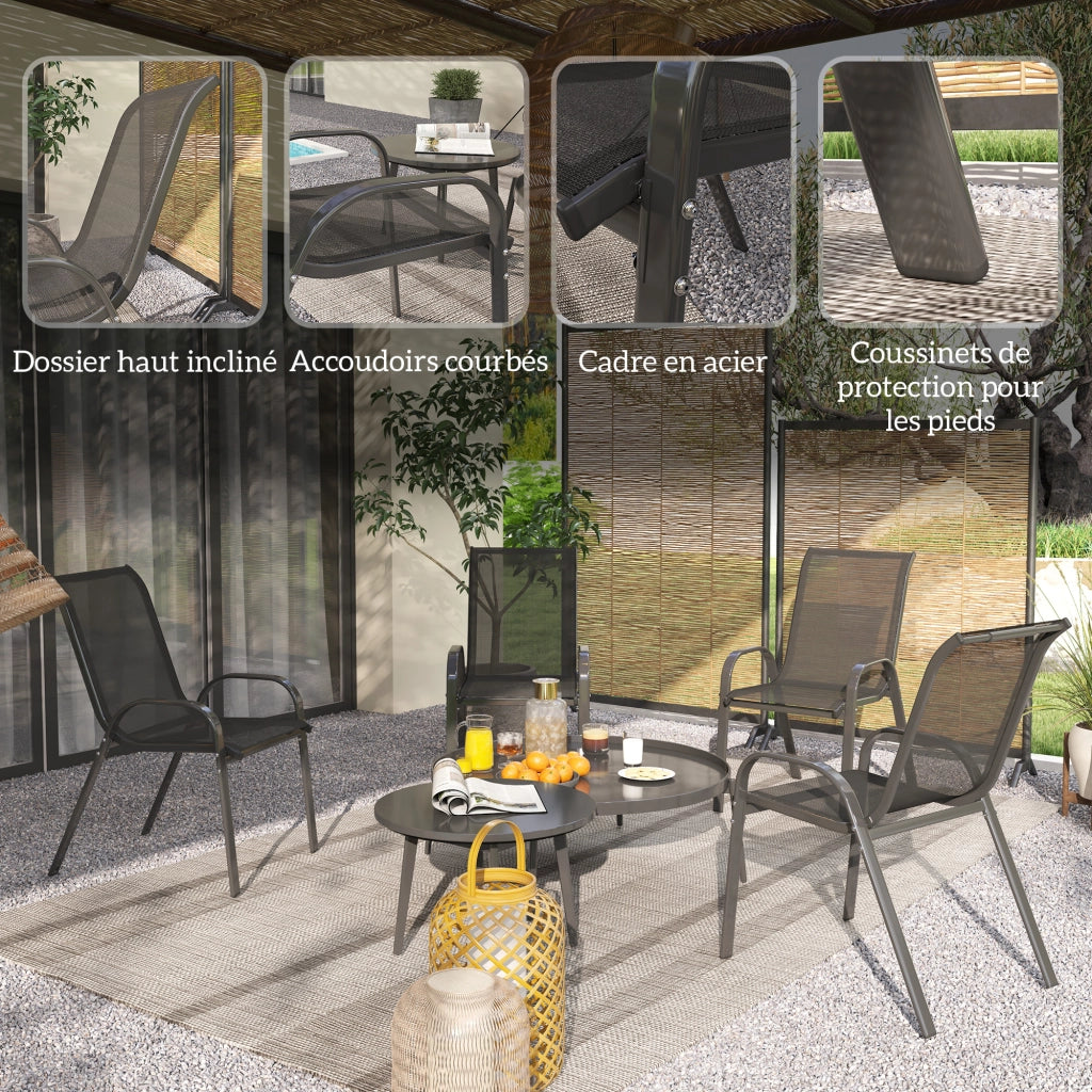 Set 4 Sedie da Giardino Impilabili ¨C Xylo ¨C Schienale Alto Tessuto Rete Traspirante Struttura Acciaio Nero