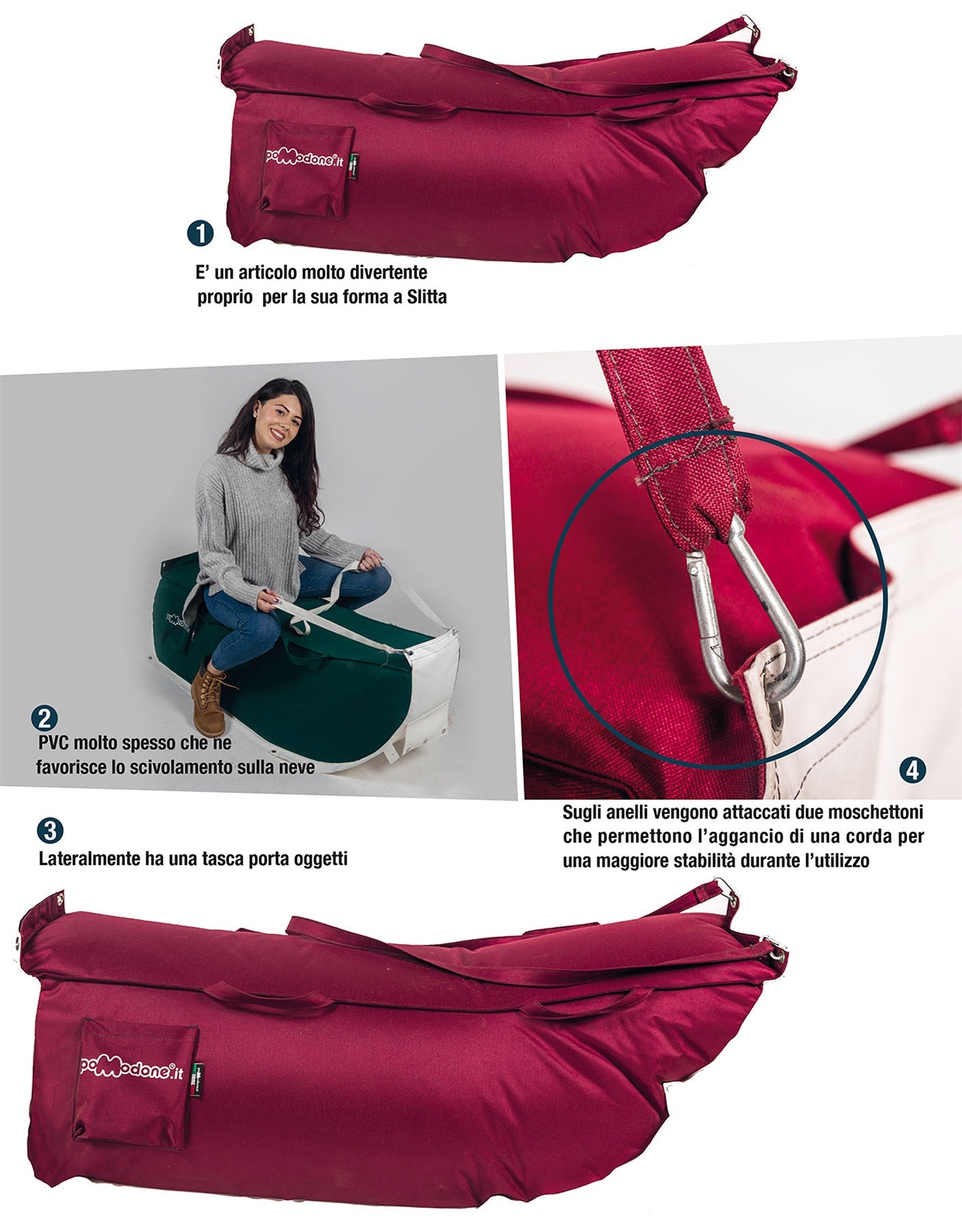 Slitta per Neve 135x38x34 cm in Acrilico Pomodone Slittone Grigio Chiaro