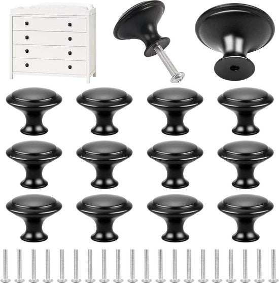 Maniglie per cassetti nere 30 mm acciaio inossidabile - Set da 12 - Maniglie rotonde per cassetti - Inclusi viti - Per cassetti, cucina, bagno, armadi.