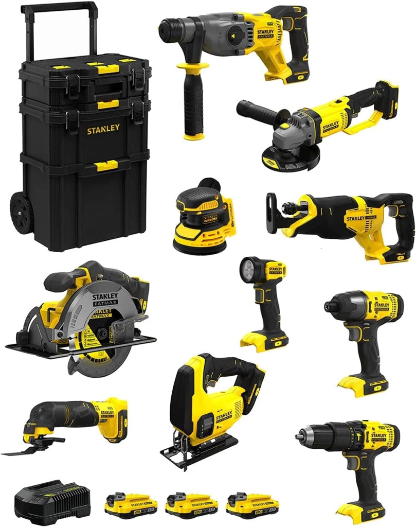 STANLEY FatMax Kit SVK1000 (SFMCH900 + SFMCG400 + SFMCD711 + SFMCF800 + SFMCS500 + SFMCS600 + SFMCW220 + SFMCS300 + SFMCE500 + SFMCL020 + 3 Batterie 2,0 Ah + Caricabatteria + Caddy 3in1)