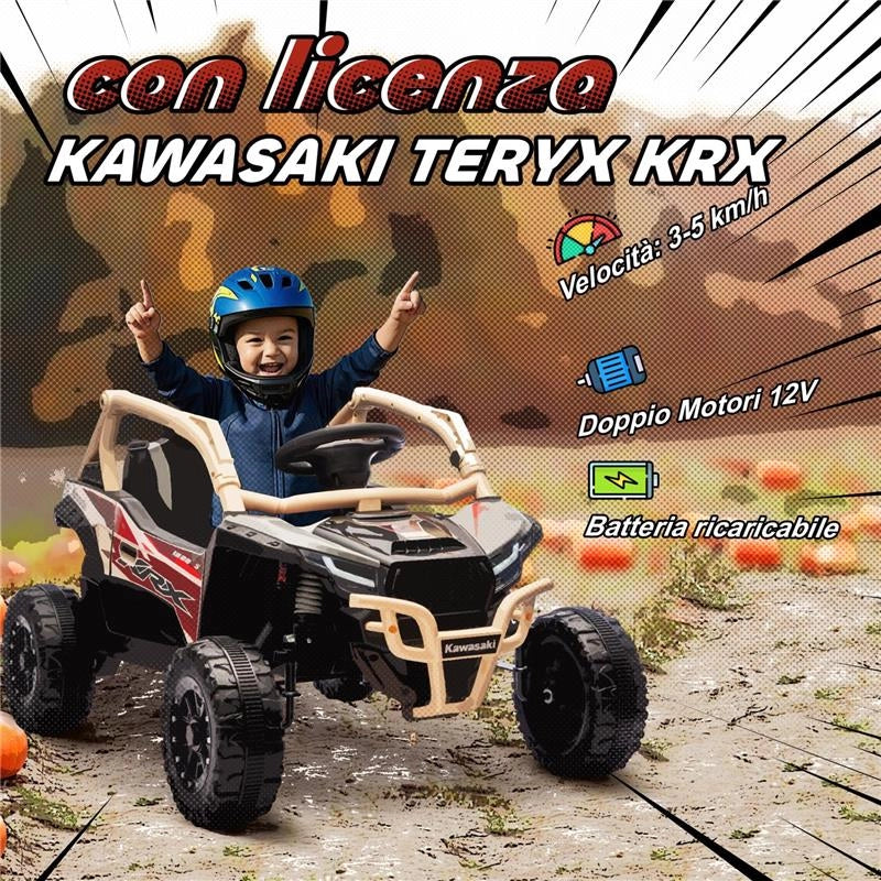 MACCHINA ELETTRICA PER BAMBINI 3-8 ANNI 12V CON LICENZA KAWASAKI, DOPPIO MOTORE, TELECOMANDO E MUSICA, GIALLO