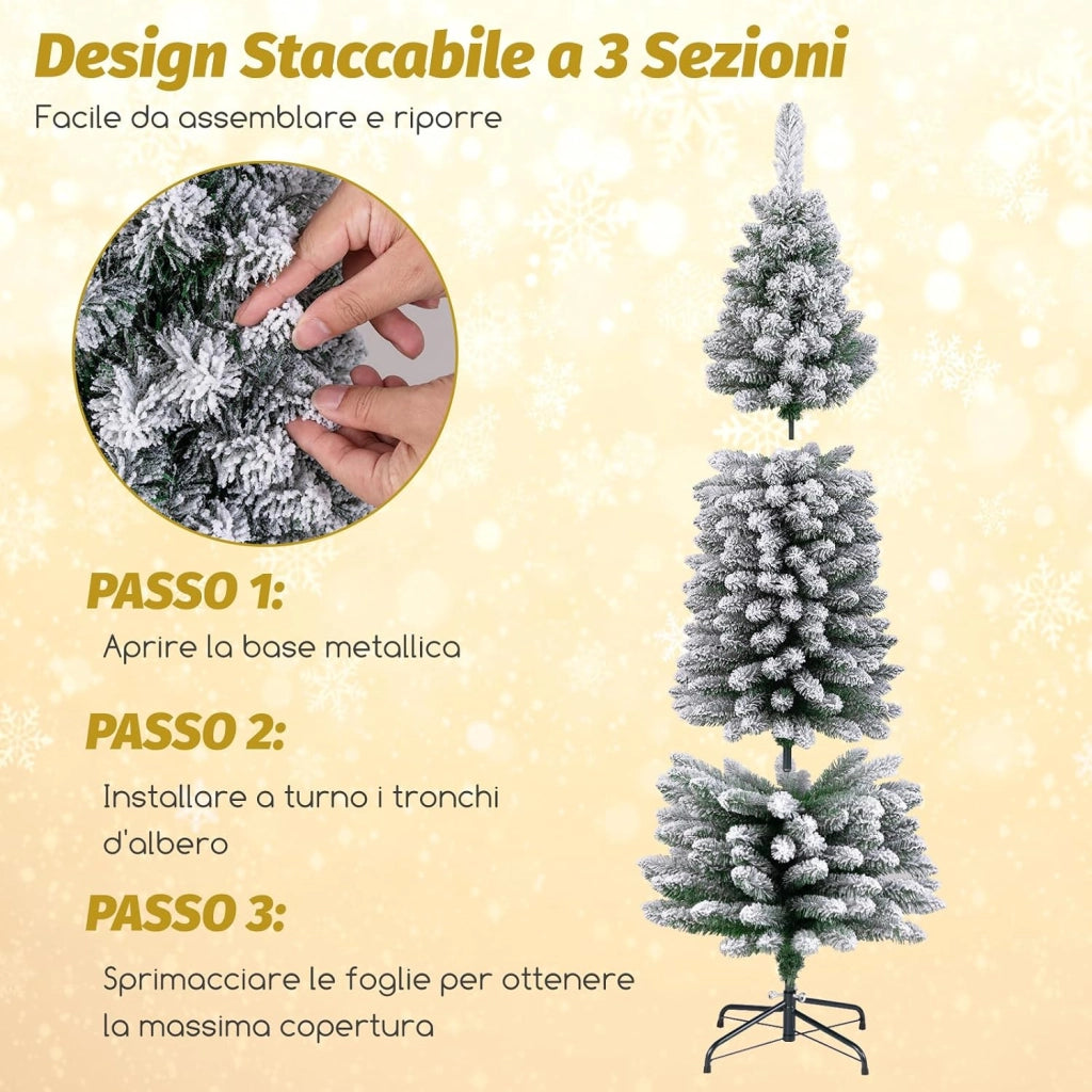 Albero di Natale Slim 120/150/180 cm, Albero di Natale Artificiale Innevato con 240/328/460 Rami e Supporto Metallico Pieghevole, per Piccoli Spazi, Decorazione per Casa e Feste (180 cm)