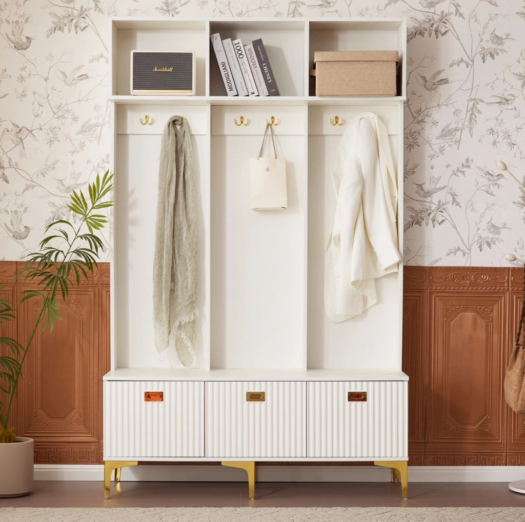 Appendiabiti multifunzione con panca e vani contenitore, bianco, 120 x 23,5 x 191,5 cm