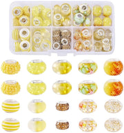 Set di perle 64 pezzi - Perle europee - Perle a grandi buchi - Perle gialle a forma rotonda - Creazione di gioielli DIY - Materiale di alta qualità